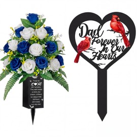 2 Pcs Dad Grave Decorations for Cemetery Dad Forever in Our Heart with Cardinal Memorial Plaque Stake Granddad Cemetery Vase Decor Metal Memorial Flower Holder for Burial Lawn Funeral