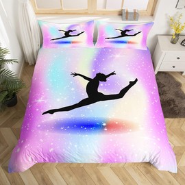 Gymnastics Lover Bedding Set for Girls, Rainbow Pastel Comforter Cover Dancer Silhouette Duvet Cover Single Gymnastics Room Decor Galaxy Gradient Sparkle Bedspread Cover for Kids Teens Women Bedroom
