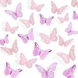 Crosize 48 Pcs Butterfly Decorations, 4 Styles 3 Sizes, Wall Decor, 3D Butterfly Party Decorations, Butterflies for Crafts, Bouquet, Cake Decorating, Flower Arrangements (Pink and Purple)
