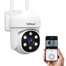 Srihome SH061 Cámara de Seguridad Exterior WiFi, 360° FHD 1080P, Pan&Tilt, Visión Nocturna Full-Color, Alarma, Foco, Audio Bidireccional, Detección de Movimiento AI, Tarjeta SD de Soporte