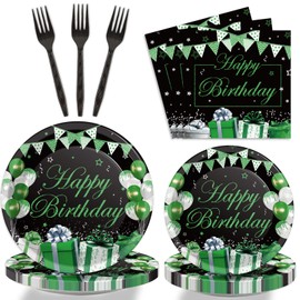 96 Pcs Green Silver Black Birthday Party Tableware Set Confetti Sprinkles Party Decorations Green Birthday Plates Table Decors for Men Women Plates Napkins Forks for 24 Guests