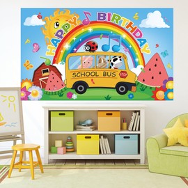 Cartoon Birthday Party Supplies,Kid Birthday Party Decorations Banner Animal School Bus Backdrop Boys and Girls Happy Birthday Banners