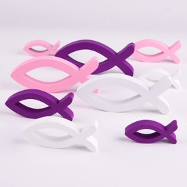 FEPITO Set of 9 Wooden Fish Fish Decoration Table Decoration for Christening, Communion, Confirmation Decoration Girls Christening Decoration (Pink Purple White)