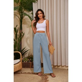 KICZOY Women Summer Pants Flowy Pants Drawstring Waist Wide Leg Palazzo Beach Pants Loose Fit with Pockets Baby Blue