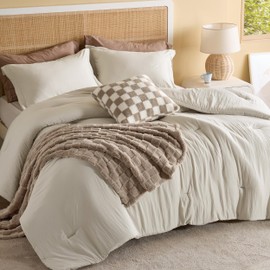 Bedsure Comforter King Size 5 Pieces - King Size Comforter Set with Checkered Throw Blanket and Decorative Pillow, Lightweiget Bedding, All Season Bedding Sets, Linen Beige