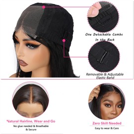Edwad 4x4 Wear and Go Short Bob Wigs for Black Women Pre Cut Human Hair Straight Bob Wig 4x4 Glueless Lace Closure Pre Plucked Wigs for Black Women Natural Color 180% Density 12 Inch