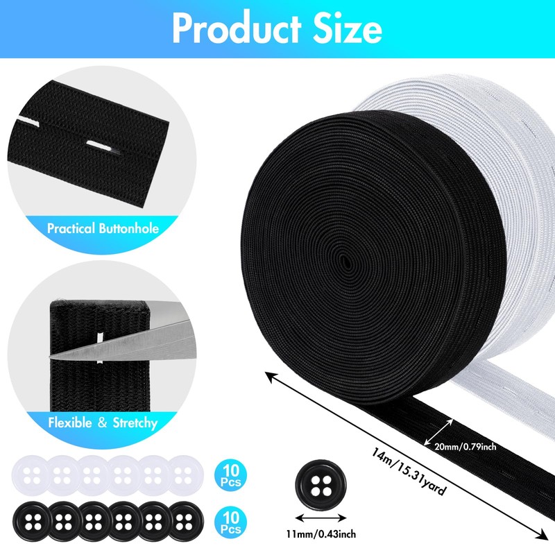 2 Rolls Buttonhole Elastic Band, 20mm x 14m Elastic Knit