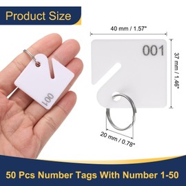 sourcing map 50 Pcs Number Tags 1-50, 1.5" Plastic Hanging Slotted Key Tags with Rings White Square Hanging Tag Numbered Keychains for Dormitory Keys House Lockers Cabinets Boxes Lockers
