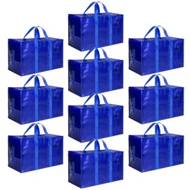 10 Pack Oversized Heavy Duty Moving Bags with Surround Carrying Handles, Lid & Zippers, Extra Large Storage Tote Moving Boxes for Space Saving, Blue