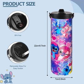 HOOKTA Stitch Stainless Steel Water Bottle, 590 ml, Stainless Steel with Handle, Sports Water Bottles with Straw, Leak-Proof, Reusable Drink Cup (Love Heart)