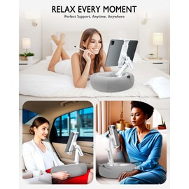 Tablet Pillow Stand, Compatible with 5"-12.9" Kindle, iPad, Phone/Tablet, Google, Samsung, 360° Rotating Phone Holder for Bed, Soft Plush Fabric, Detachable Bowl, Reading and Relaxation on Bed, Gray