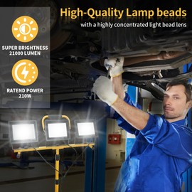 210W LED Work Lights on Stand-3 Adjustable Head 21000LM Work Light with Individual Switch, Ip66 Waterproof Foldable 16.4ft Cord Tripod Worklight for Workshop Garage Construction Site