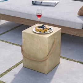 COSIEST Set of 2 Concrete Side Table, Rectangular Outdoor Side Table w Hemp Rope Handles,15''Patio Side Tables End Table, Outdoor Accent Side Table for Garden and Patio, Beige