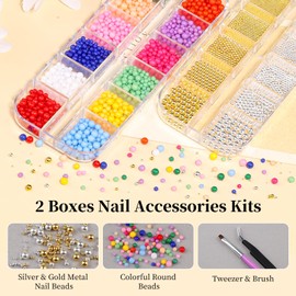2 Boxes Metal Nail Beads and Resin Round Beads with Tweezers and Brush Kit, Y2K 2-3.5mm 3D Round Bubble Balls, 0.8-3mm Gold Silver Small Caviar Beads Balls for Face Makeup Manicure Crafts(4-K2)