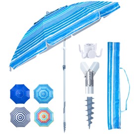 Tempera Heavy Duty High Wind Beach Umbrella with Sand Anchor & Carry Bag|Patio Outdoor Umbrella with Aluminum Frame and Push Button Tilt, Ideal for Travel Garden Lawn, UPF 60+,Ocean Stripe