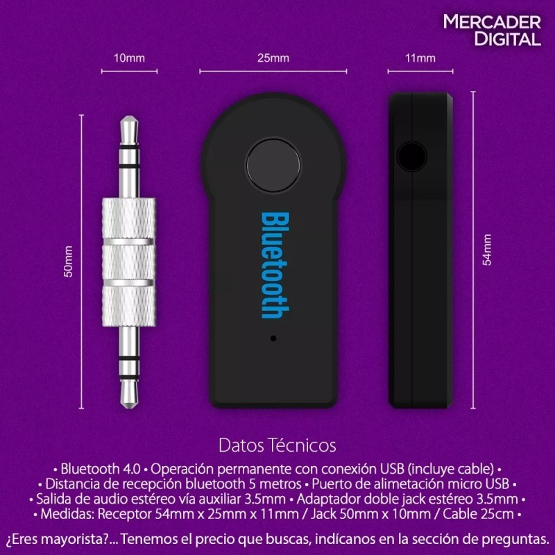 Mercader Digital 10 Pzs Receptor Bluetooth Auxiliar 3.5mm Música Llamadas