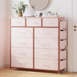 LIVEHOM Dresser for Bedroom with 11 Drawer, Dressers & Chests of Drawers with Side Pockets, Hooks, Fabric Storage Drawer, Steel Frame, Wood Top, Organizer Unit and Pull Handle for Closet.