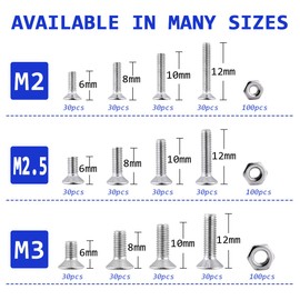 Loscrew M2 M2.5 M3(Total 660Pcs) Hex Socket Flat Head Screw DIN7991 304 Stainless Steel Hexagonal Machine Screws,12 Kinds of Size Countersunk Screws Nuts and Bolts Assortment Set
