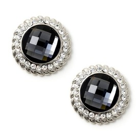 Rhodium Crystal Stones Around a Large Circle Black Diamond Stone Earrings