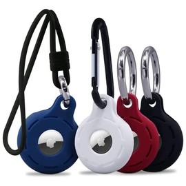 Silicon 4 Pack Airtag Holder with 3 Keyrings, 1 Wrist Strap, 1 Carabiner Keychain Ring| Washable, Shockproof and Long Lasting GPS Airtag Cases (Black, White, Dark Blue, Red)