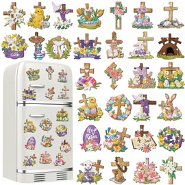 Tellegloww 30 Pcs Easter Diamond Painting Magnets He is Risen Diamond Art Magnet Kits for Adults Corss Refrigerator Magnetic Sticker Egg Bunny Rhinestone Fridge Sticker for DIY Crafts Easter Decor