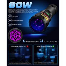 DARKBEAM UV Flashlight 365nm Black Light, 6xLED Quad-core Rechargeable Powerful Blacklight 80W Woods lamp, Ultraviolet Lights for Rock, Blood Tracking, Pet Urine, Uranium Glass, Scorpion, Resin Curing
