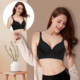 Geibiu Women's Push Up Bra,Back Smoothing Bras,Full Coverage Bras for Women,Hide Back Fat Bra,Deep Cup Bra Plus Size Black 40C