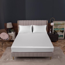 Homiest White Satin Fitted Sheet Queen Size Fitted Bed Sheet, Deep Pocket Fitted Sheet Only, Luxury & Ultra Soft Bedding Fitted Sheet Single Bottom Bed Sheets Sold Separately