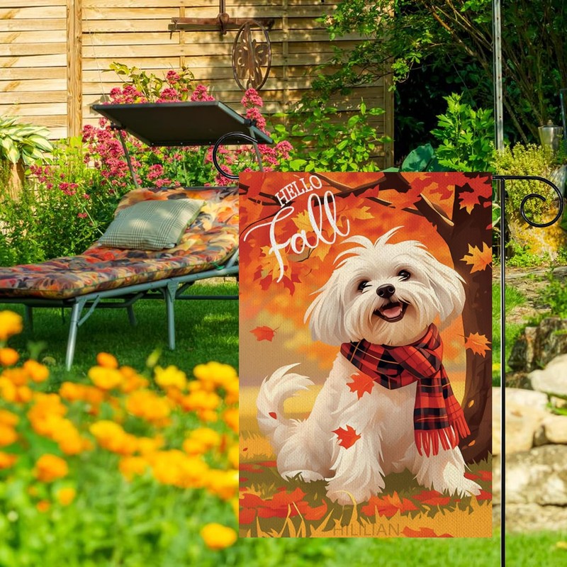Hello Fall Garden Flag 12x18 Double Sided, Maltese-Dog Garden Flag