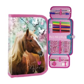 Theonoi Pencil Case Pencil Case 2 Compartments Double Decker Pencil Case Filled, horses horse, pencil case