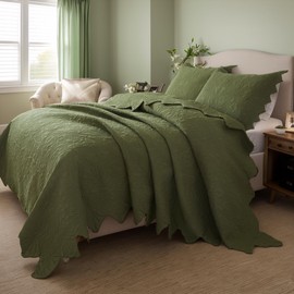 Brandream Queen Size Quilt Set Cotton Olive Green Farmhouse Bedspreads Floral and Vines Matelasse Quilt Bedding Set Scalloped Edge Quilts 3-Piece