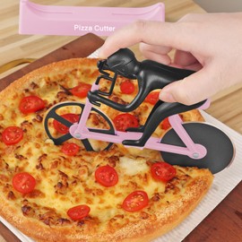 KUONIIY Pizza Cutters, Bicycle Pizza Cutter Dual Stainless Steel Super Sharp Blades Slicer with Non-Stick Coating, Pink