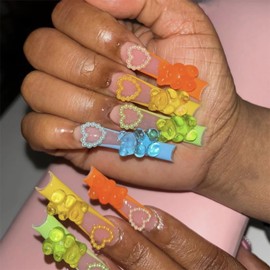 BABALAL Press on Nails Long Square Fake Nails Rainbow French Tip Glue on Nails 3D Bear Soft Candy Charm Acrylic Nails Heart False Nails 24Pcs Squoval Cute Summer Manicure Stick on Nails
