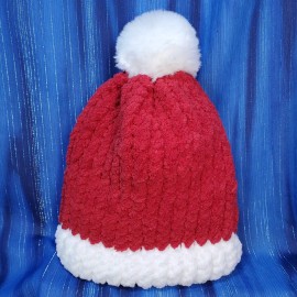 Brain Blanket Little Santa Soft Beanie White Red with Pom Wonderfully Warm Handmade CHILD