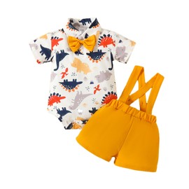 UUAISSO Toddler Baby Boy Summer Clothing Dinosaur Print Short Sleeve Tops Braces Shorts Set, orange