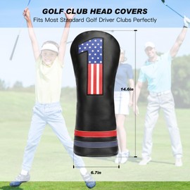 USA Stars and Stripes Driver Headcover - Head Cover for Driver, PU Leather USA Flag Accessory for Golf Clubs - Black