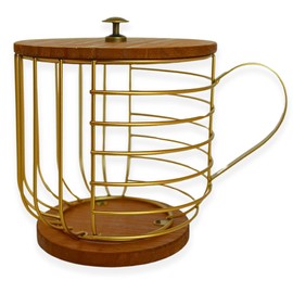 Large Coffee Pod Holder – Compatible w/KCup Pods and Capsules - Gold Metal K Cup Holder - Cute Coffee Pod Basket w/Wooden Lid - Coffee Pod Storage - Coffee Bar Decor (Wood & Gold, Large)