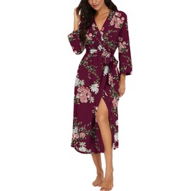 PrinStory Women's Bathrobe, Lightweight, 3/4 Sleeve, Dressing Gown, V-Neck, Kimono Robe, Long Sleepwear