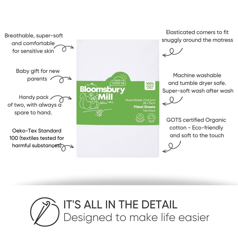 Bloomsbury Mill - 2 Pack - Flat Sheets for Pram/Crib/Cot/Moses