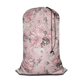 Swono Watercolor Flowers Extra Large Laundry Bag with Drawstring Closure 28"x40", Floral Peonies Rose Leaves Petal Romantic for Home, Dorm and Apartment Dwellers, Pink
