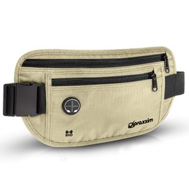 praxxim Flat Bum Bag for Sports, Jogging, Safe Travel, Black Belt Bag for Men and Women, Money Belt with Secret Compartment and RFID Protection, beige, Flat fanny pack for men and women