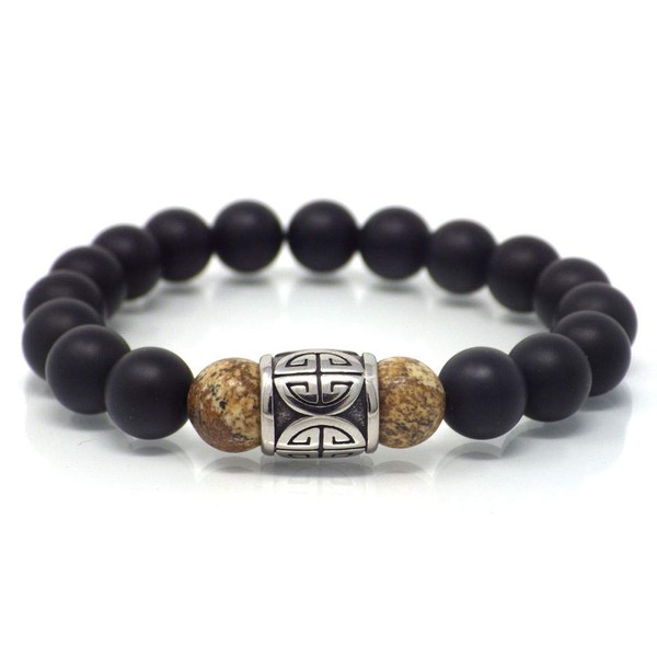 Men's Black Stainless Steel Bracelet with Chinese Ornaments and Agate