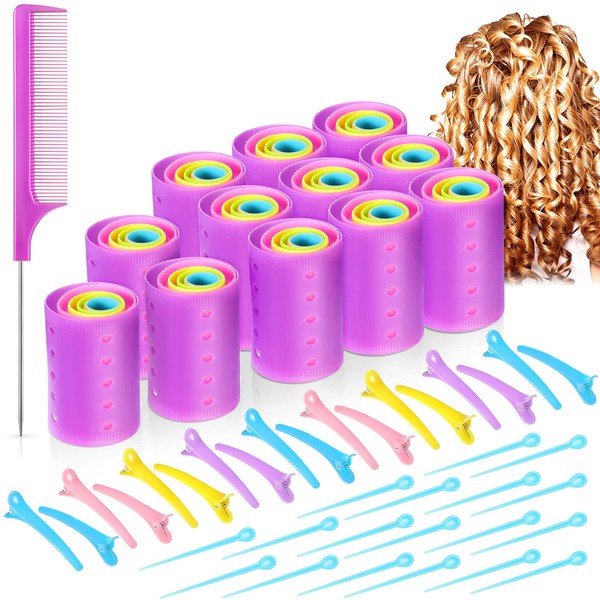 141 Pieces Magnetic Hair Rollers Set, Include 60 Pieces Mixed Sizes Plastic Hair Rollers with 60 Pins, 20 Duck Teeth Hair Clips and Rat Tail Comb, Hairdressing Curlers Tools for Women Girls