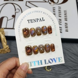 TENPAL Handmade Short Square Press on Nails with Kit,Golden Brown Chrome Hand-Sculpted Toffee Blooms & Gilded Edge Designs Glue on Nails,Glossy Sunset Metallic Cat Eye Fake Nails for Fall Winter(XS)