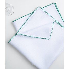 D'Moksha Homes Linen Dinner Napkins 20 x 20 Inch, 100% Pure Linen White Cloth Napkins with Green Embroidered Trim Set of 4, Scalloped Napkins for Christmas, Thanksgiving, Machine Washable