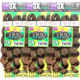 3X TRIO OCEAN WAVE 20" (3 PACK) 9 BUNDLES SYNTHETIC BRAIDING HAIR FOR CROCHET BRAIDING (#T4/30 LIGHT BROWN/AUBURN)