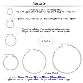 Xelparuc Silver Hoops Earrings for Women, 6 Big Pairs Stainless Steel Hoop Earrings, Thin Hypoallergenic Oversize Earrings Jewelry for Women Girls(Size: 15/20/30/40/50/60mm)