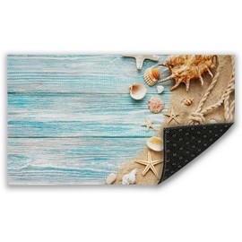 Mogifedc Blue Wood Front Door Mat, Seashells on Sand Indoor Outdoor Entrance Decor Inside Non-Slip, Waterproof Kitchen Mat and Interior Home Washable Door Mat, 17"×30”