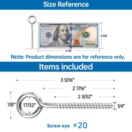 Muzata 20 Pack Eye Screws 3.3 Inch Stainless Steel Eye Hooks Screw for Wood Heavy Duty Self Tapping M6 Eyelet Hooks Securing Cables Wire Indoor Outdoor CR18