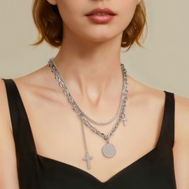 AITAOTAO Cross Pendant Necklace for Women - Round Female Image Layered Necklace - Paperclip Box Link Chain - Elegant Christian Jewelry, 19"